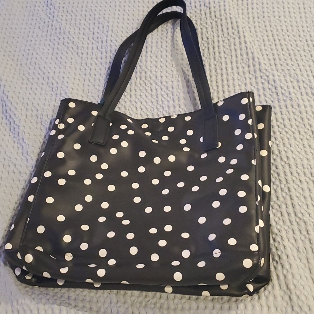 Cute Vinyl Black with White Polka Dots Tote with small bag inside. (#9) - Picture 2 of 6